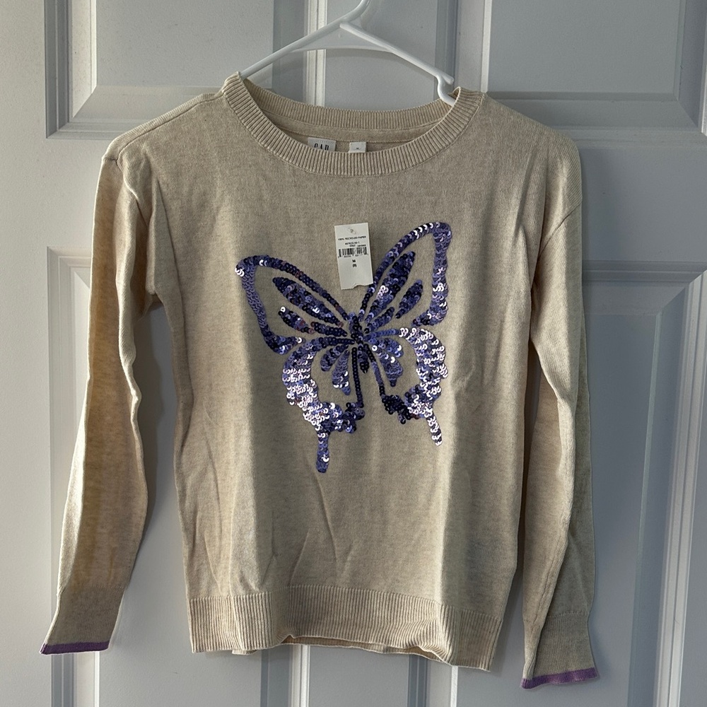 GAP Kids Cream Sweater with Purple Sequin Butterfly
